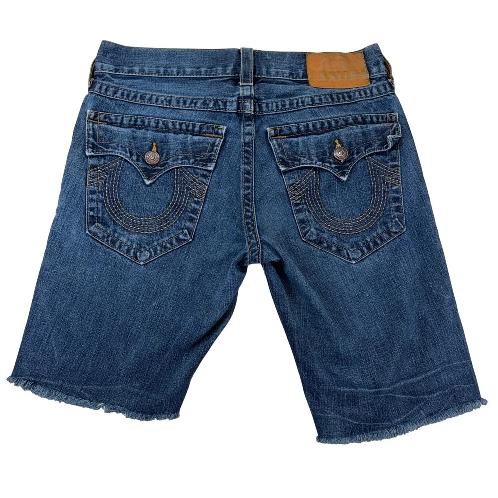 True Religion‎ Billy Denim Shorts Mens 32 Blue Made in USA Raw Hem Horseshoe